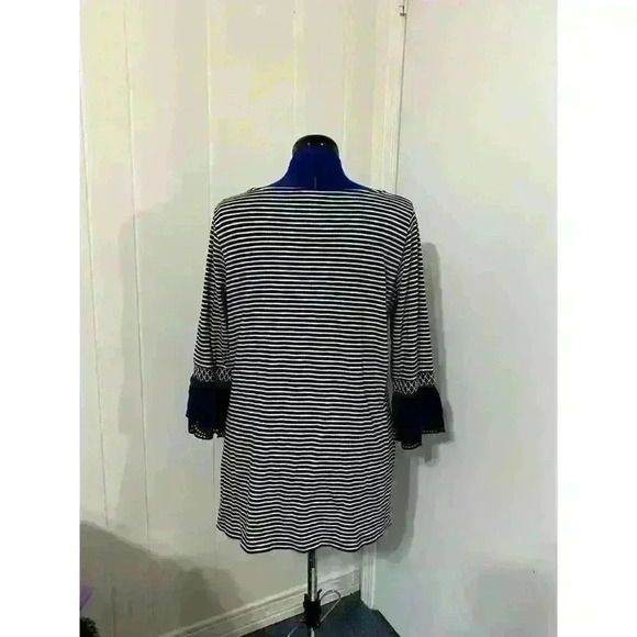 J Jill Cotton Model Navy Striped Smocked Bell Sleeve Tunic Top M Petite Artsy - Picture 3 of 9